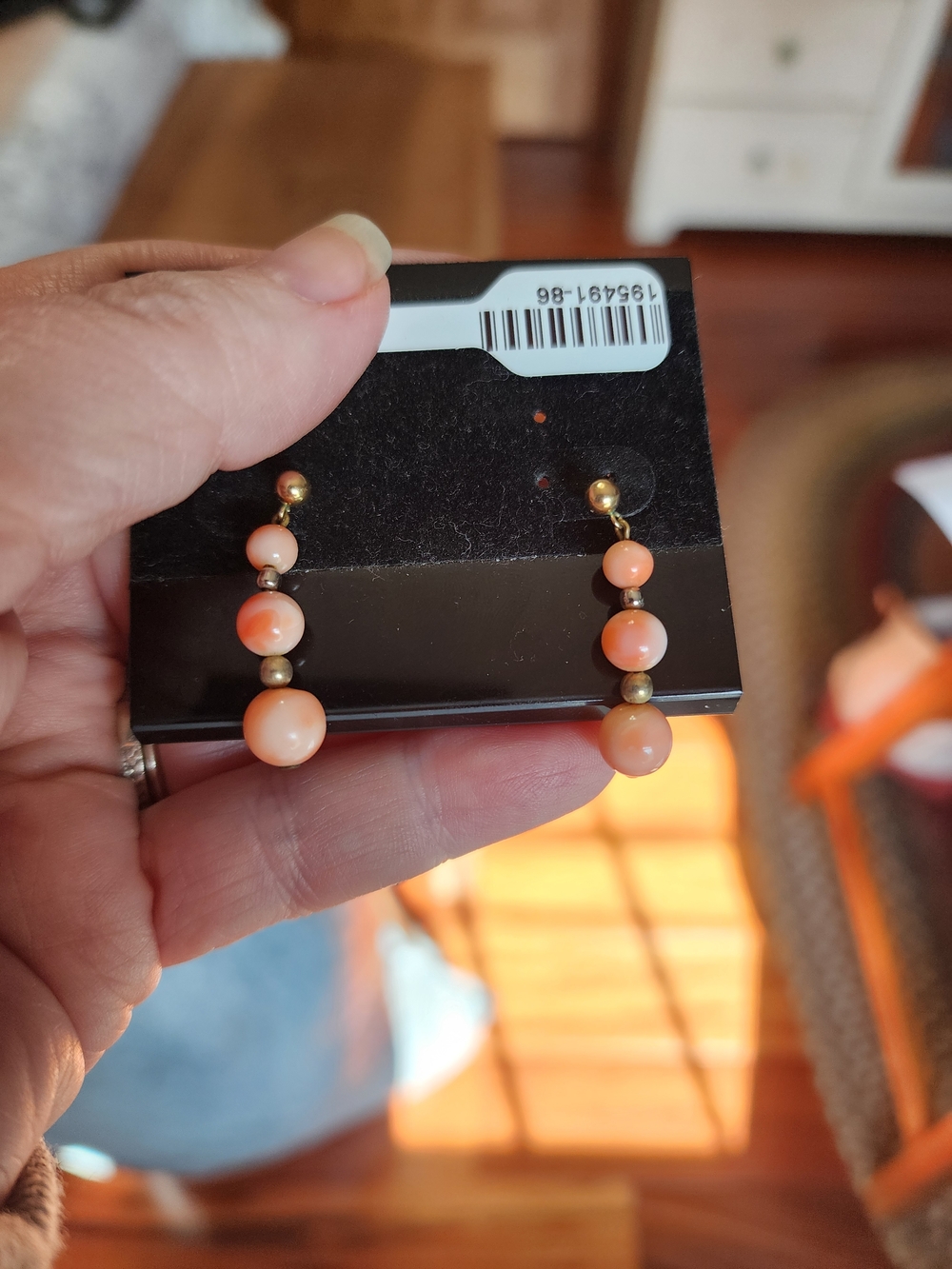 Gold 14K Coral Color Bead Drop Earrings